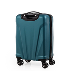 Teal suitcase with black handle and wheels on a white background