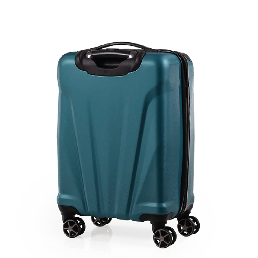Teal suitcase with black handle and wheels on a white background
