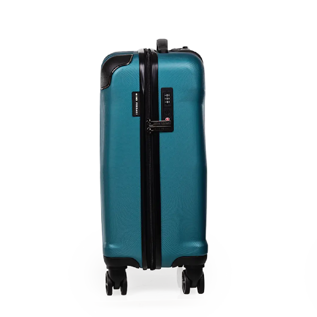 Teal suitcase with black accents on a white background