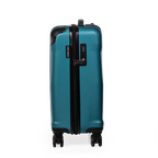 Teal suitcase with black accents on a white background