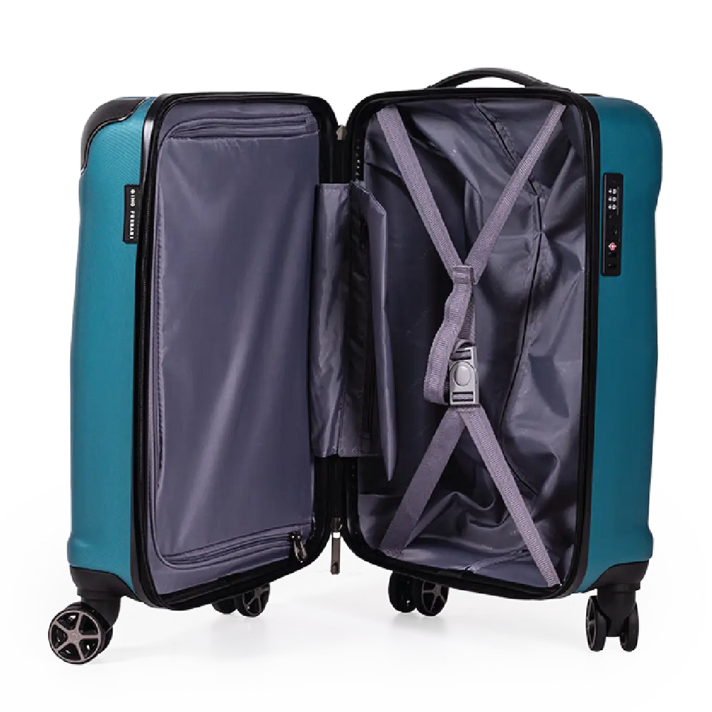Open teal suitcase with wheels on a white background