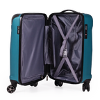 Open teal suitcase with wheels on a white background
