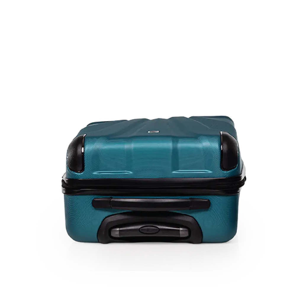 Teal suitcase with black handles and wheels on a white background