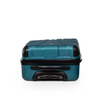 Teal suitcase with black handles and wheels on a white background