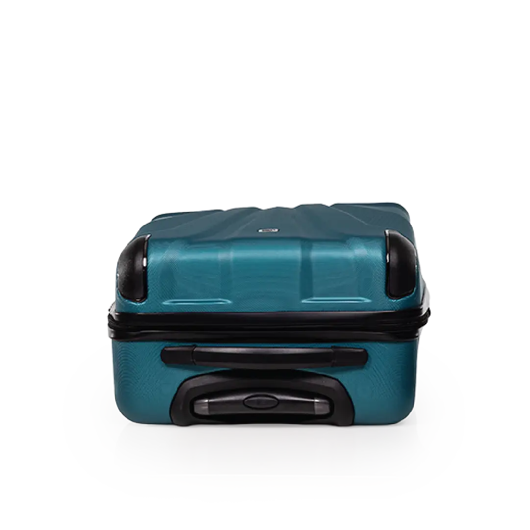 Teal suitcase with black handles and wheels on a white background