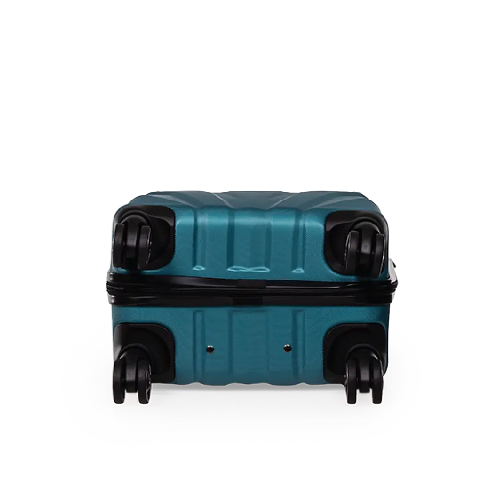 Teal suitcase with black wheels on a white background