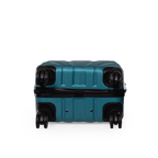 Teal suitcase with black wheels on a white background