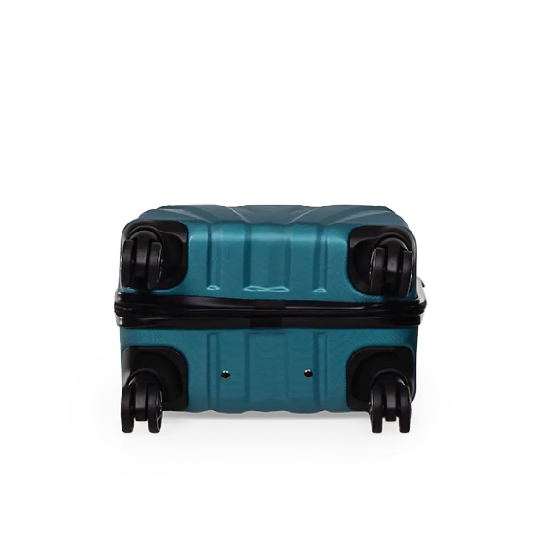 Teal suitcase with black wheels on a white background