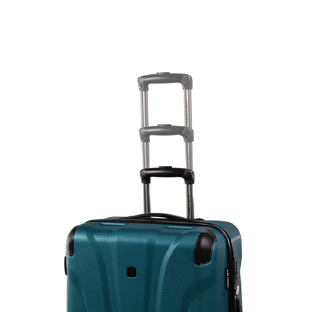 Teal suitcase with a black handle on a white background