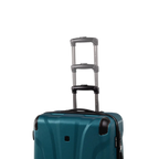 Teal suitcase with a black handle on a white background