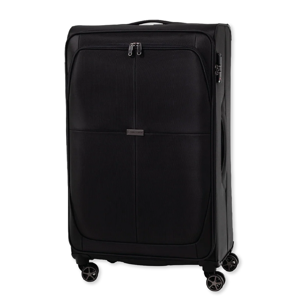 Black suitcase with wheels on a white background
