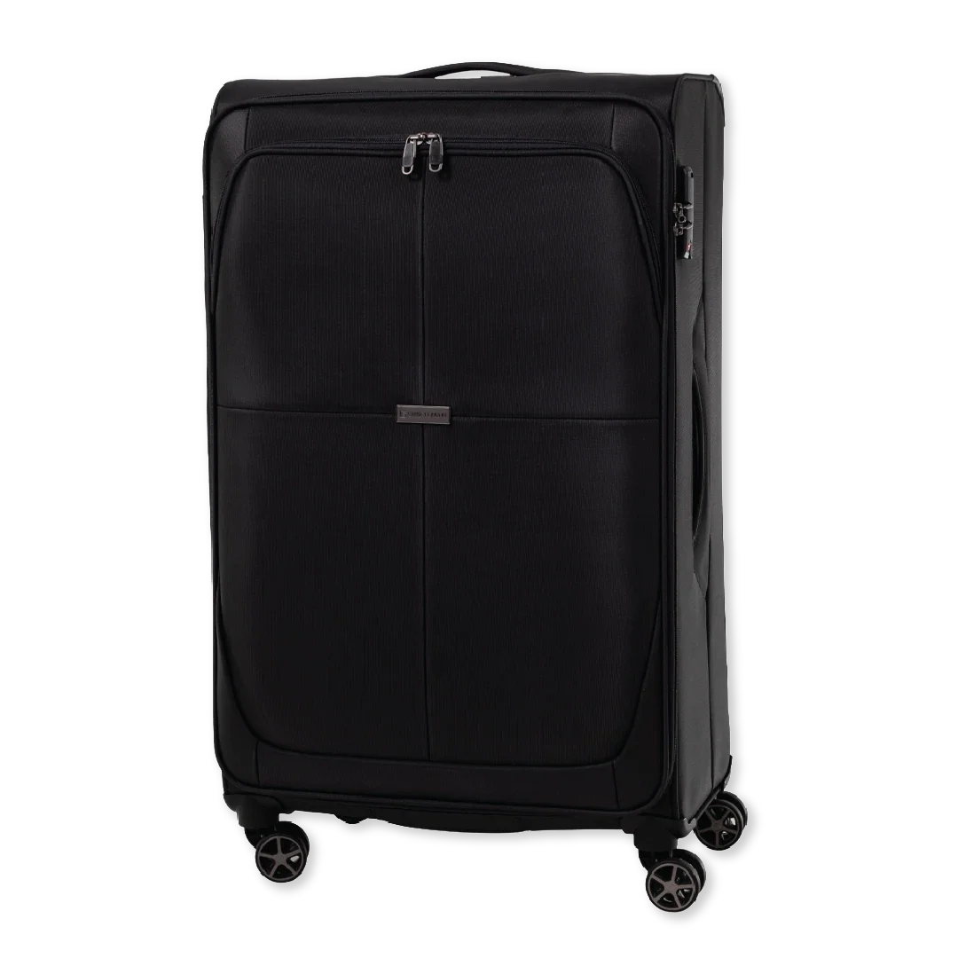 Black suitcase with wheels on a white background