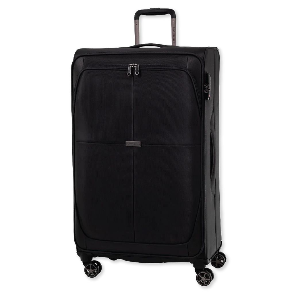 Black suitcase with wheels on a white background