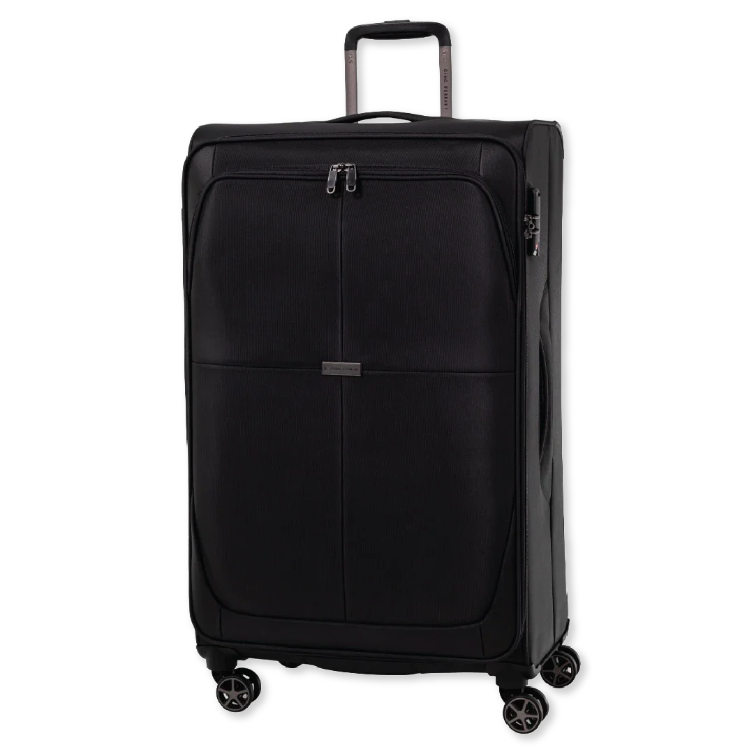 Black suitcase with wheels on a white background