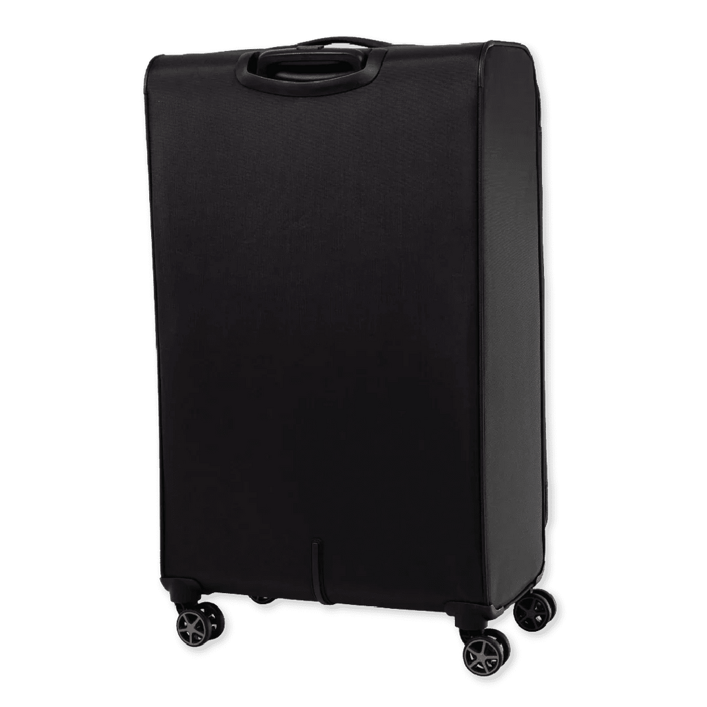 Black suitcase with wheels on a white background