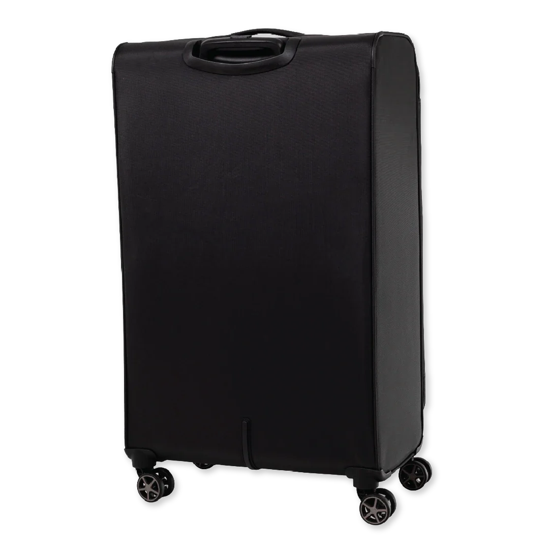 Black suitcase with wheels on a white background