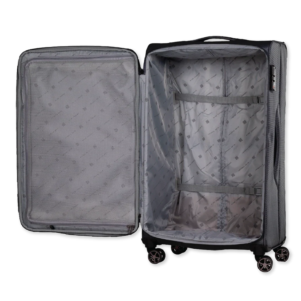 Open gray suitcase with wheels on a white background
