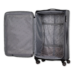Open gray suitcase with wheels on a white background