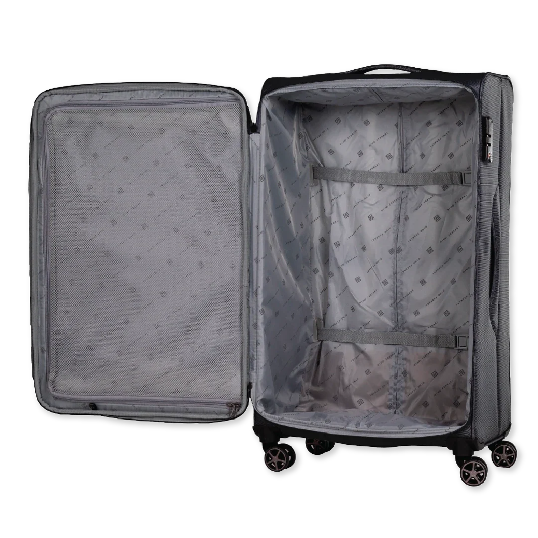 Open gray suitcase with wheels on a white background