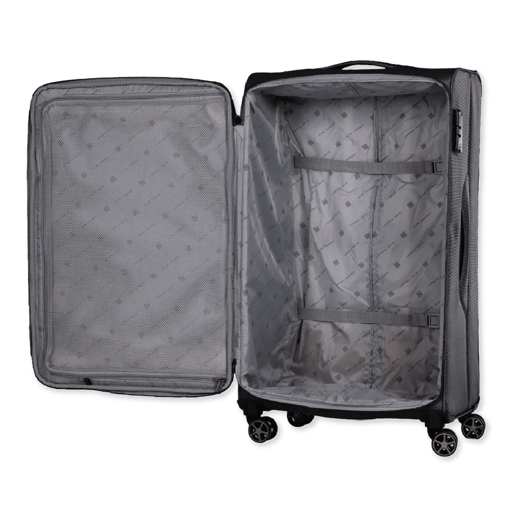 Open gray suitcase with wheels on a white background