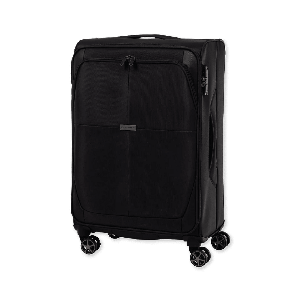 Black suitcase with wheels on a white background