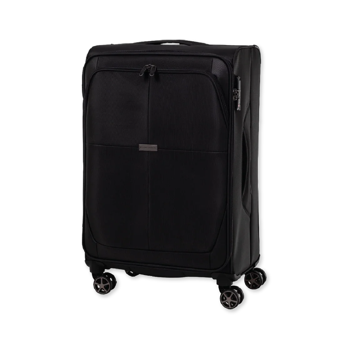 Black suitcase with wheels on a white background