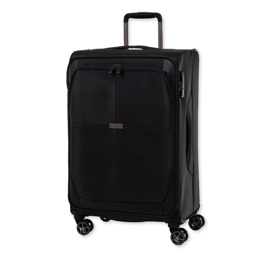 Black suitcase with wheels on a white background