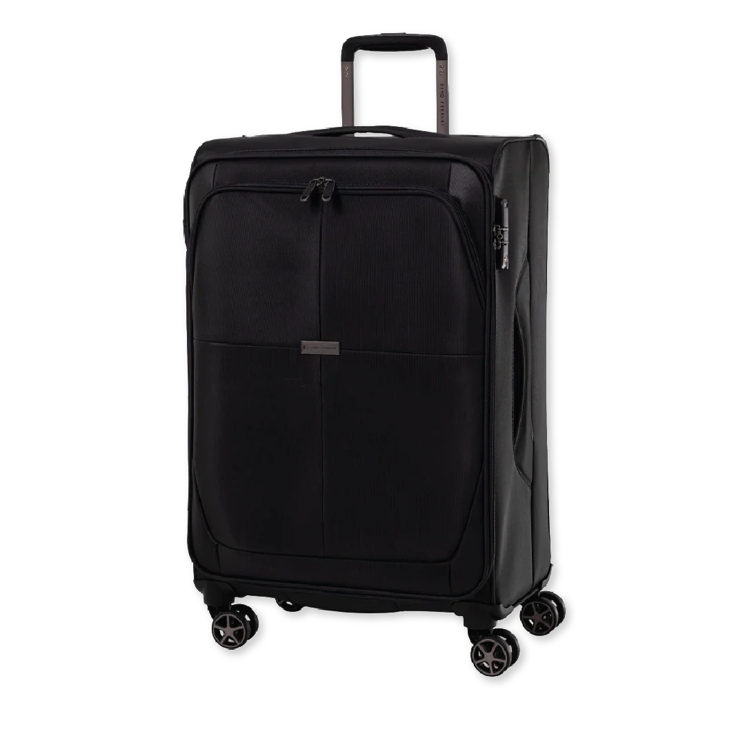 Black suitcase with wheels on a white background
