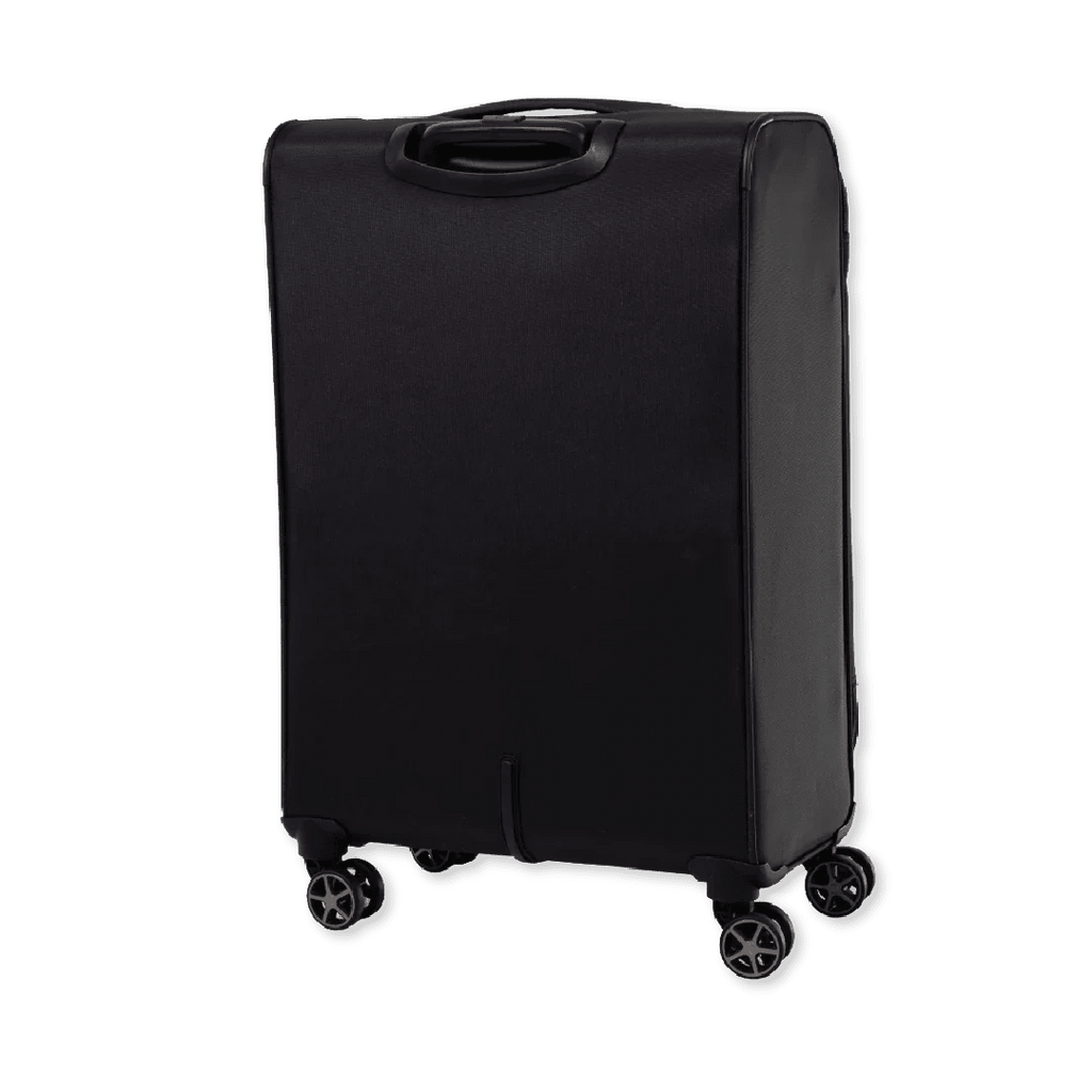 Black suitcase with wheels on a white background