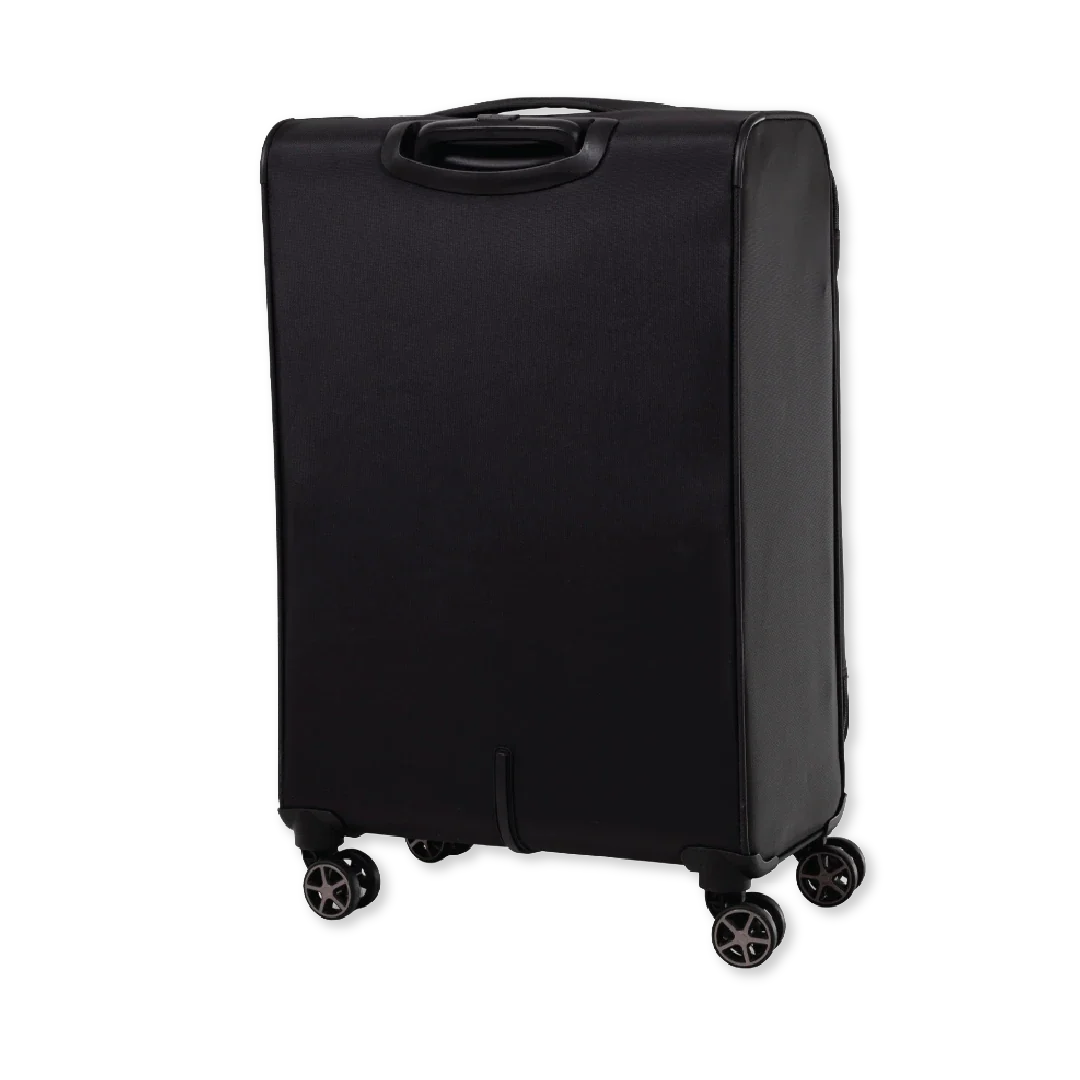 Black suitcase with wheels on a white background
