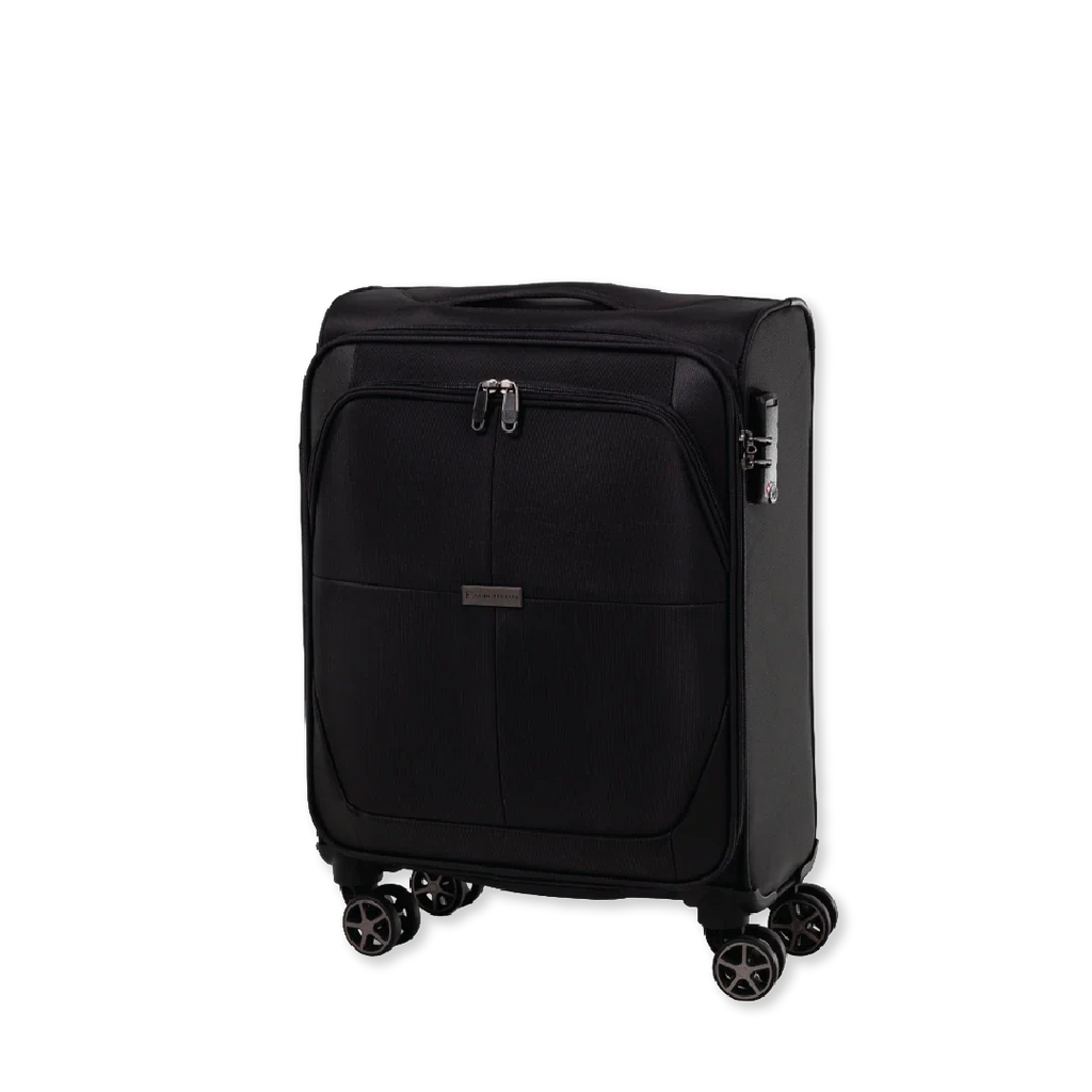 Black softshell suitcase with wheels on a white background.