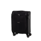 Black softshell suitcase with wheels on a white background.