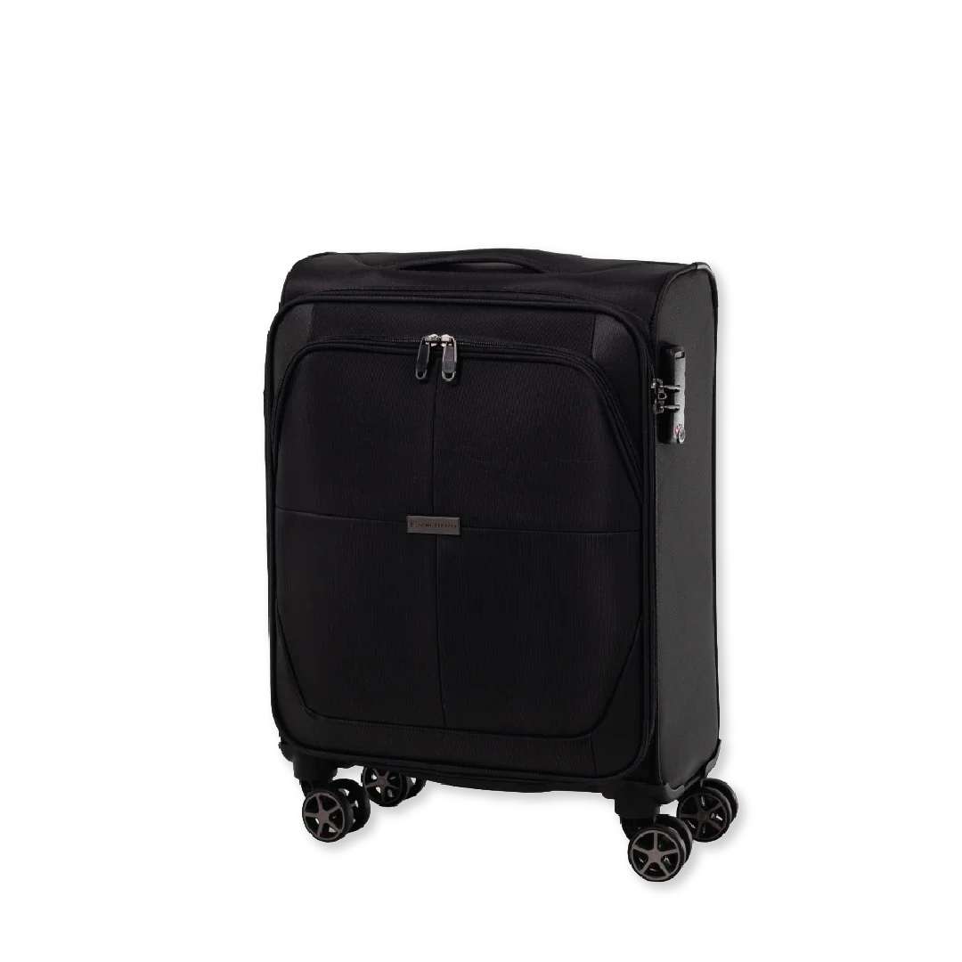 Black softshell suitcase with wheels on a white background.