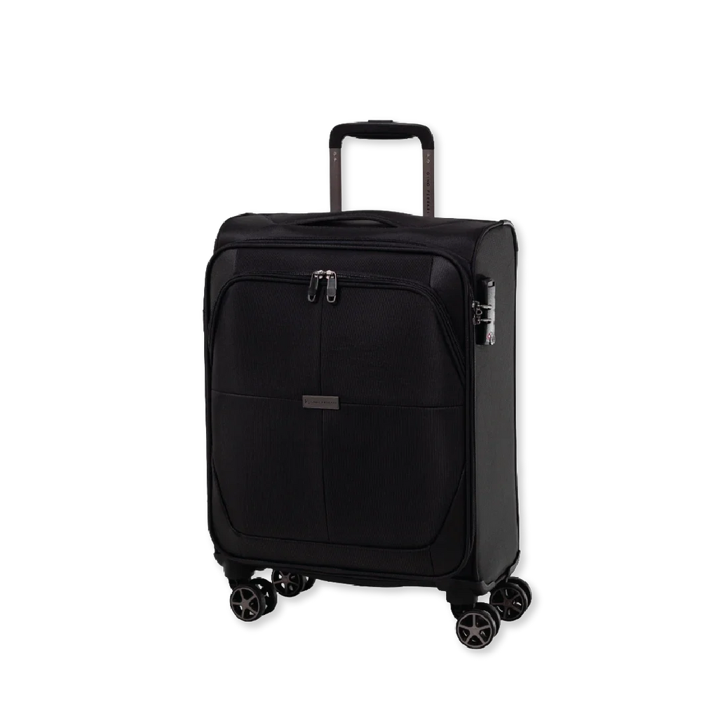 Black suitcase with wheels and a handle on a white background