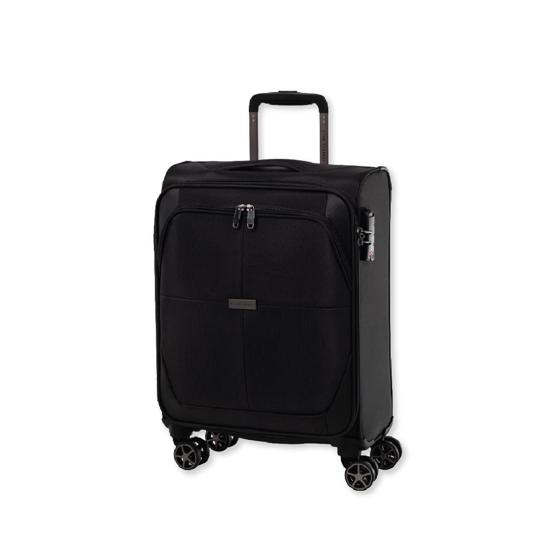 Black suitcase with wheels and a handle on a white background