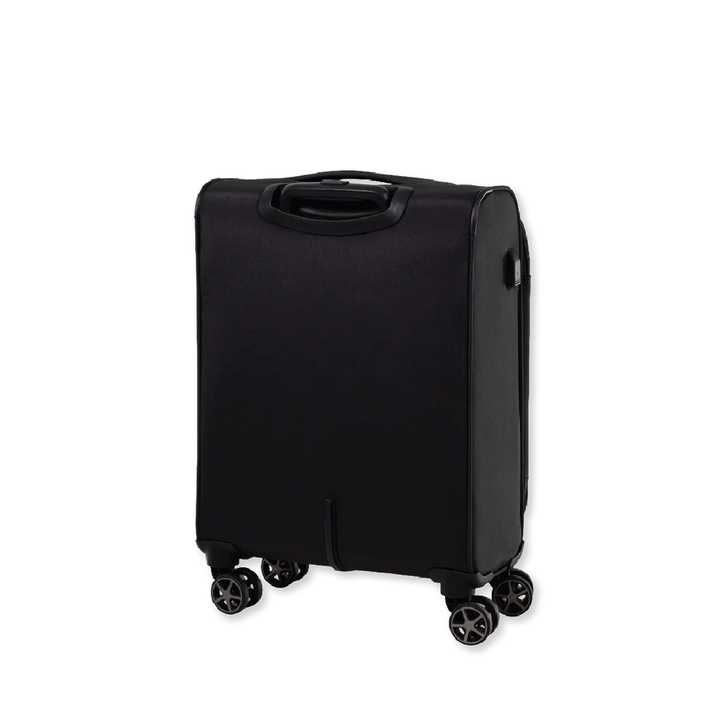 Black suitcase with wheels on a white background