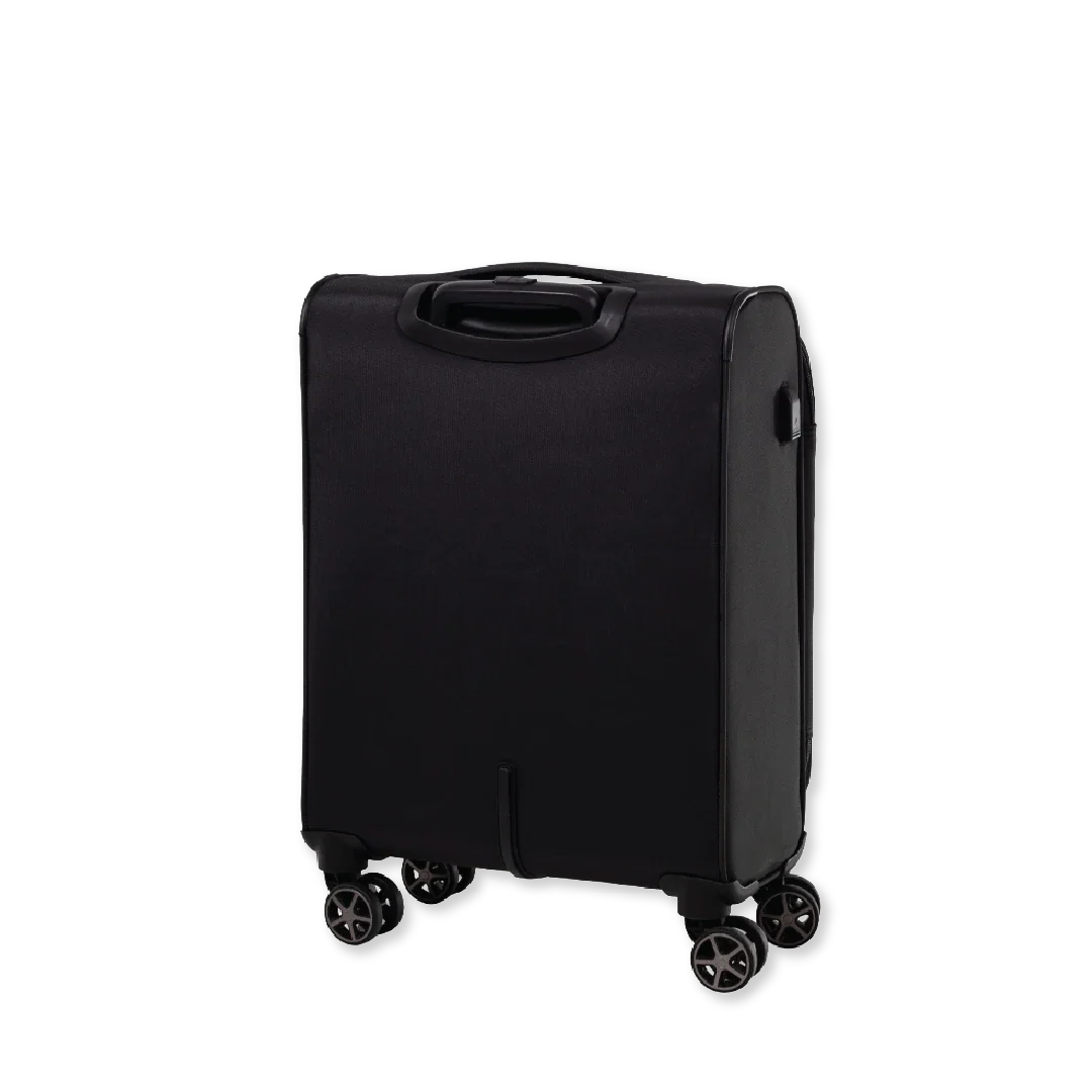 Black suitcase with wheels on a white background