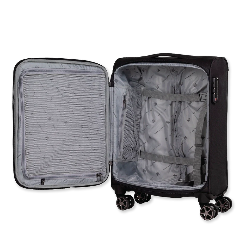 Black suitcase open with wheels and handle on a white background.