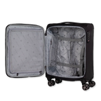 Black suitcase open with wheels and handle on a white background.