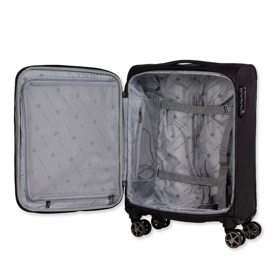 Black suitcase open with wheels and handle on a white background.