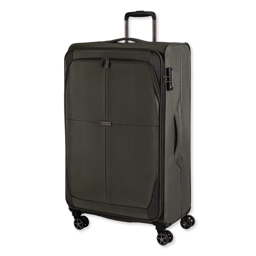 Green suitcase with wheels on a white background