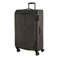 Green suitcase with wheels on a white background