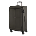 Green suitcase with wheels on a white background