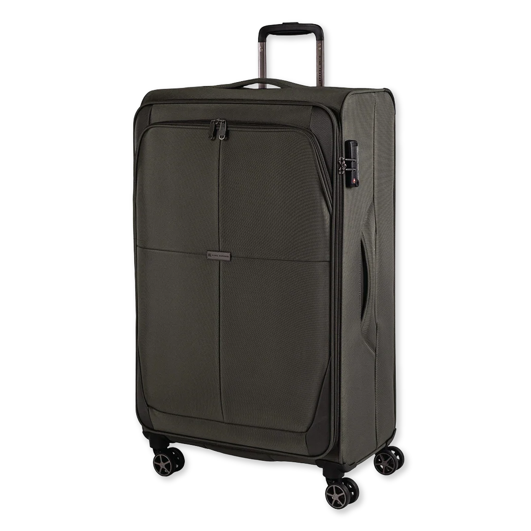 Green suitcase with wheels on a white background