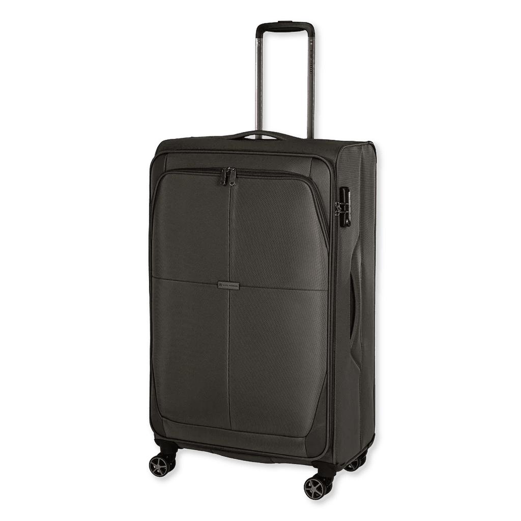 Green suitcase with wheels on a white background