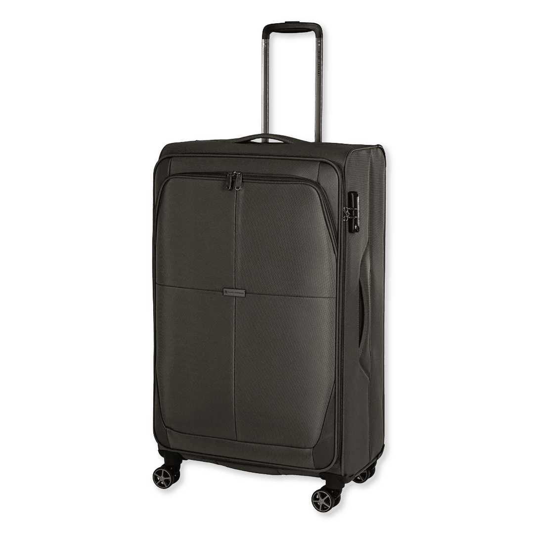 Green suitcase with wheels on a white background