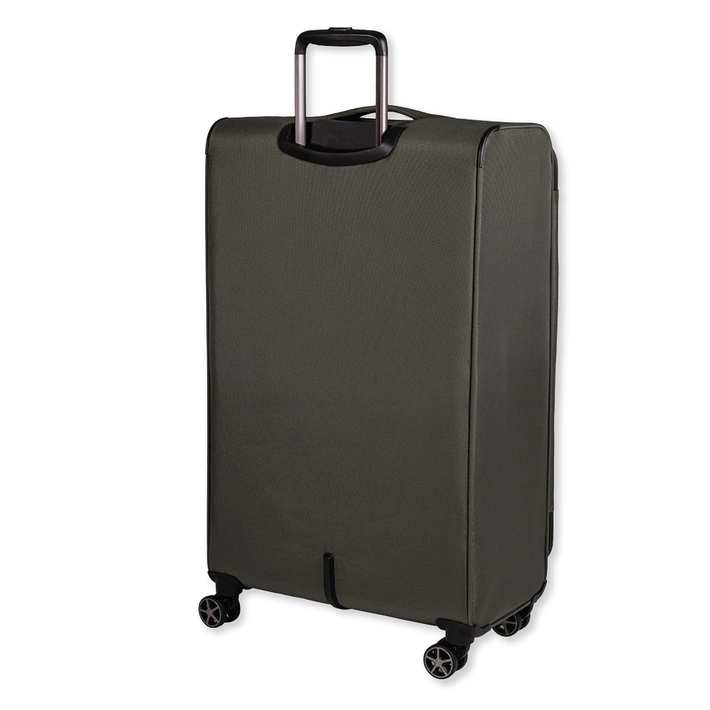 Green suitcase with wheels on a white background