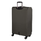 Green suitcase with wheels on a white background