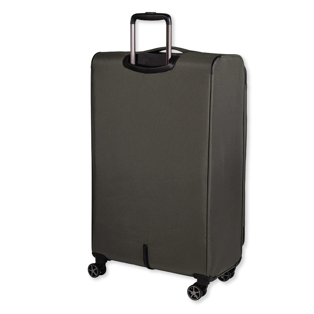 Green suitcase with wheels on a white background