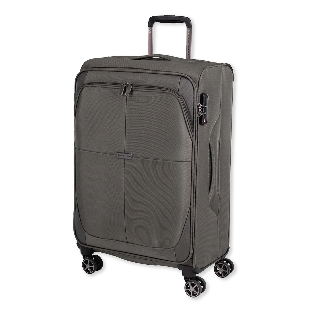 Green suitcase with wheels on a white background
